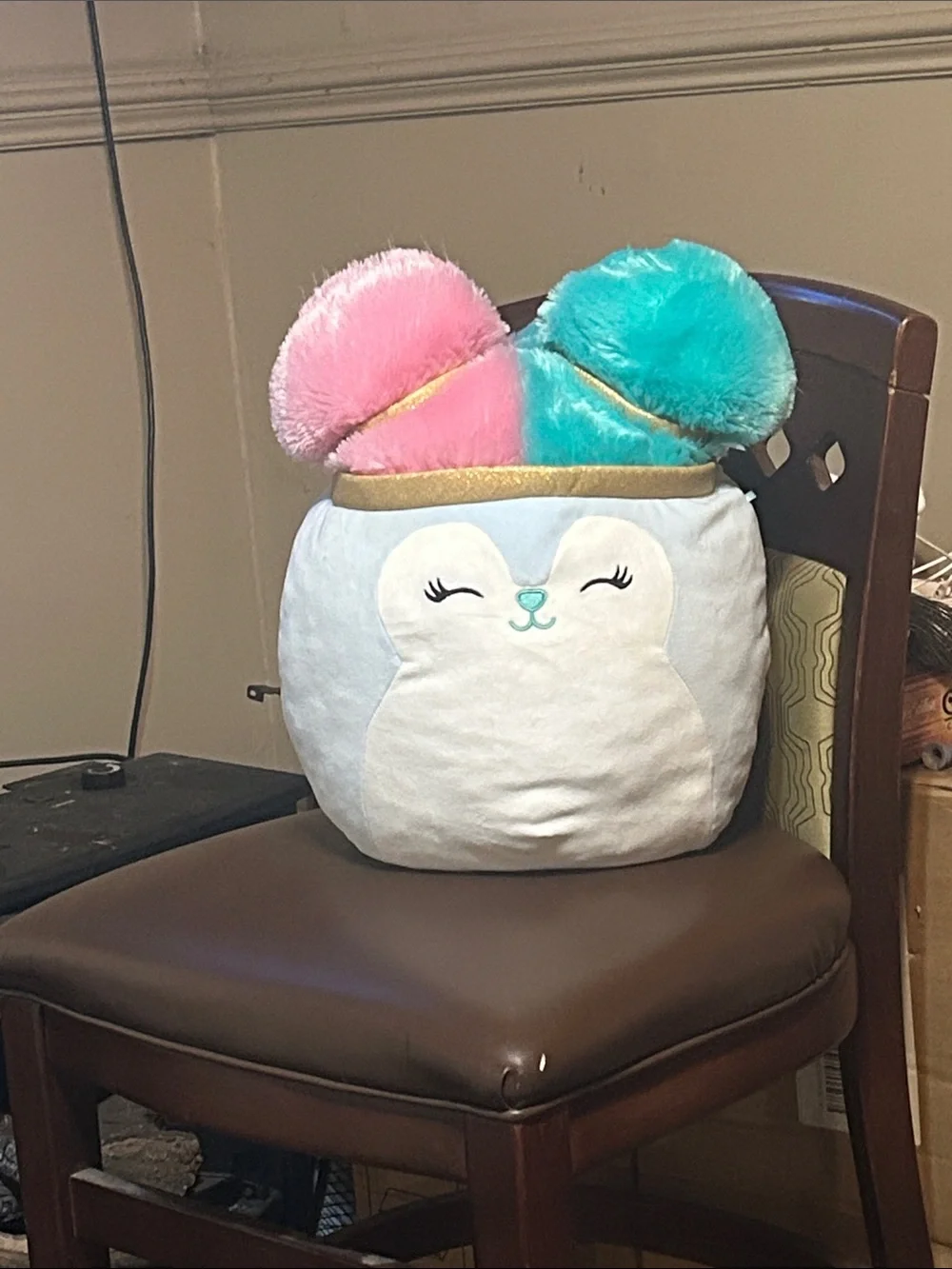 Squishmallows Plush Lyric SquirrPillow with Pink and Teal Pom Poms and Gold Trim